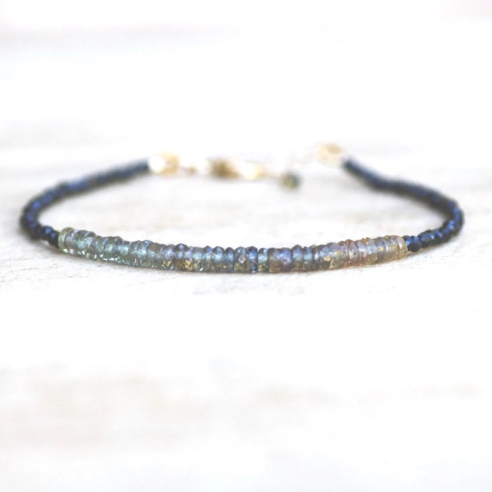 Natural Black Spinel Green Champagne Sapphire Bracelet 14K Yellow Gold Filled